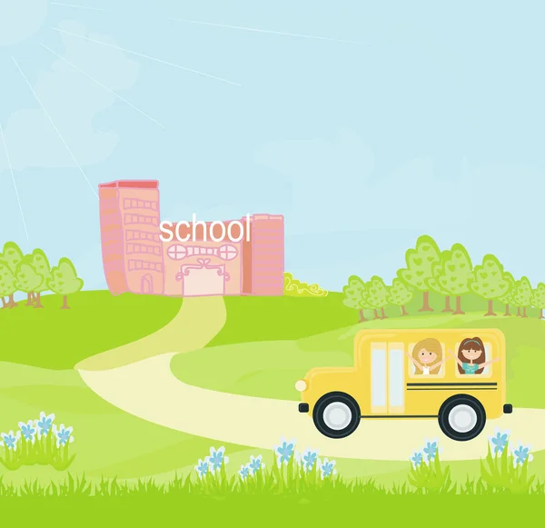 Шкільний автобус прямує до школи з щасливими дітьми — стоковий вектор