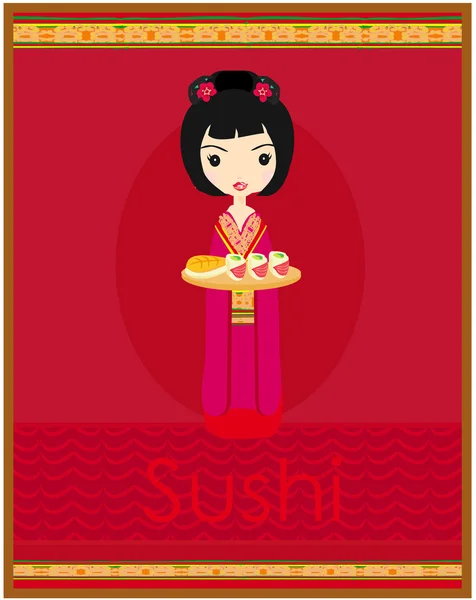Mooi aziatisch meisje genieten sushi - menu sjabloon — Stockvector
