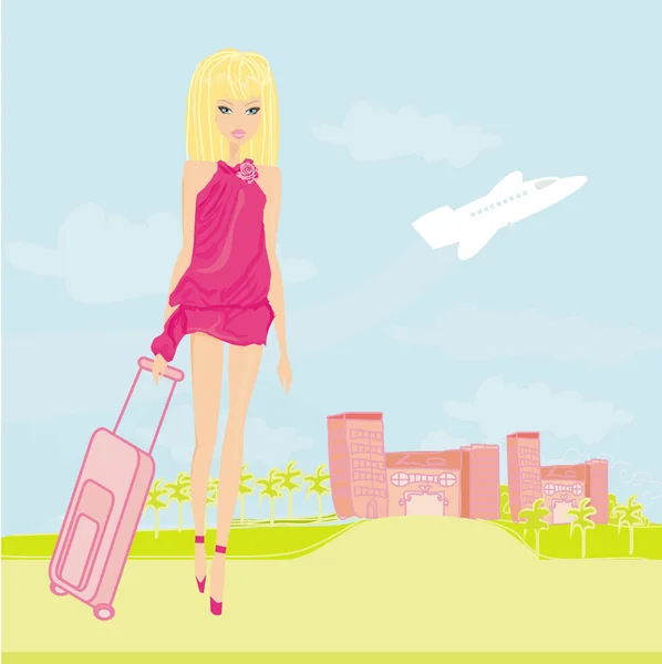 Ομορφιά κορίτσι ταξίδια με αποσκευές — Διανυσματικό Αρχείο