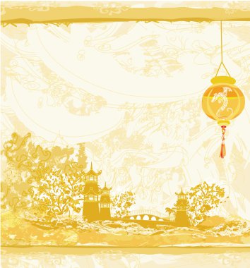 Old paper with Asian Landscape and Chinese Lanterns - vintage japanese style background