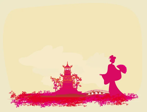 Abstrakt asiatiskt landskap med geisha siluett — Stock vektor