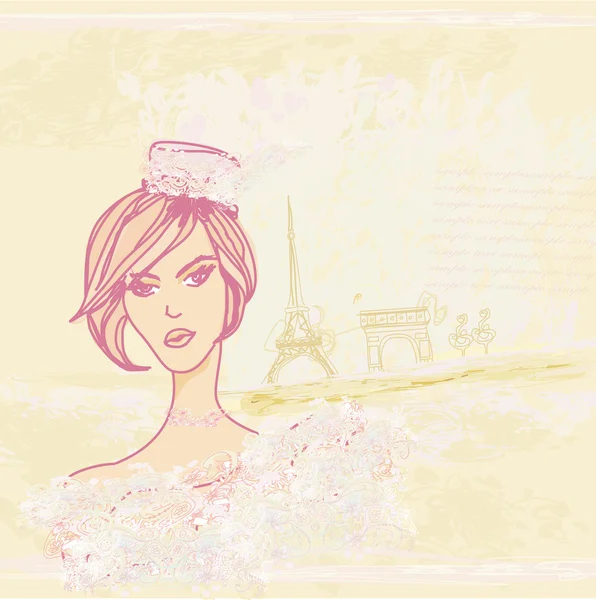 ผู้หญิงสวย ช้อปปิ้งในปารีสการ์ด — ภาพเวกเตอร์สต็อก
