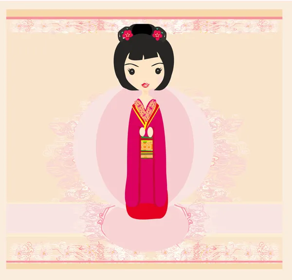 Kokeshi doll on the pink background with floral ornament — Stock Vector