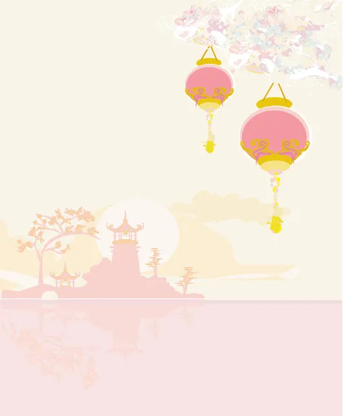 アジアの風景と中国の提灯と古い紙-ビンテージ日本スタイルの背景 — ストックベクタ