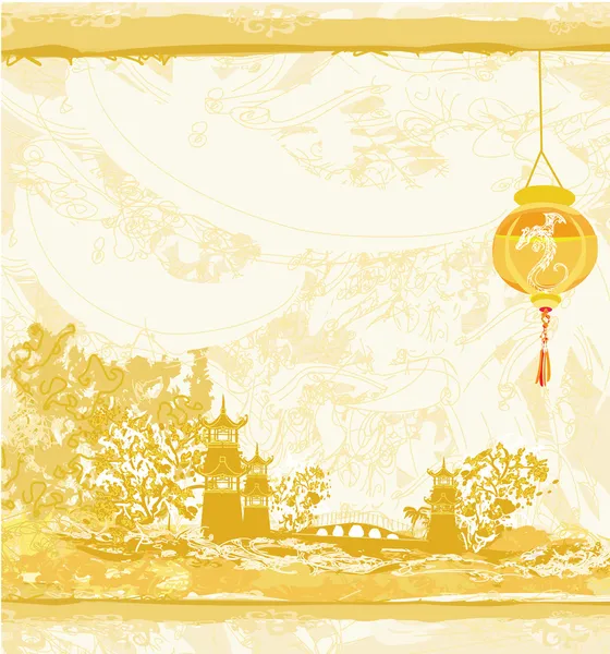 Gammalt papper med asiatiskt landskap och kinesiska lyktor - vintage japansk stil bakgrund — Stock vektor