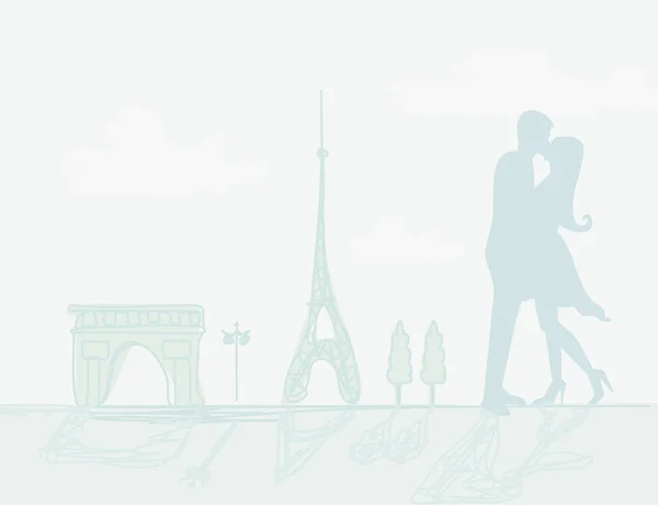 Romantisch koppel in Parijs zoenen in de buurt van de Eiffeltoren Retro kaart — Stockvector