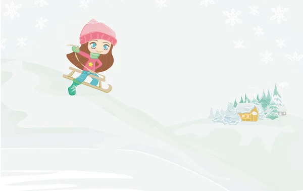 Little girl sledding - vector illustration — Stock Vector
