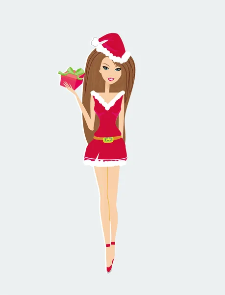 Schöne sexy Mädchen trägt Weihnachtsmann-Klamotten — Stockvektor