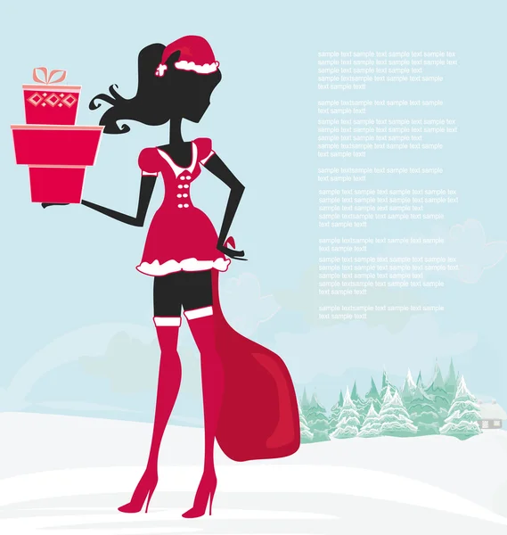 Szczęśliwego Nowego Roku karty z Santa dziewczyna i krajobraz zimowy — Wektor stockowy