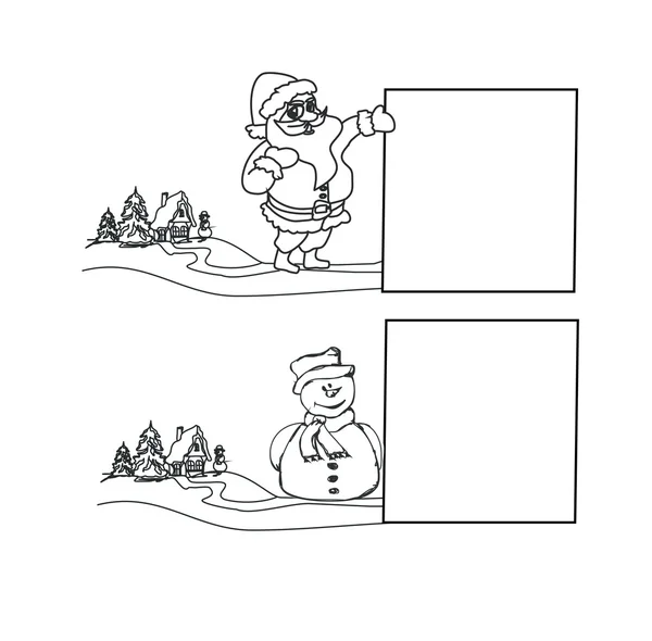 Ευτυχισμένο το Νέο Έτος κάρτα με Σάντα, χιονάνθρωπο και το χειμερινό τοπίο — Διανυσματικό Αρχείο