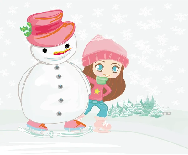 Chica y muñeco de nieve en una pista de patinaje — Vector de stock
