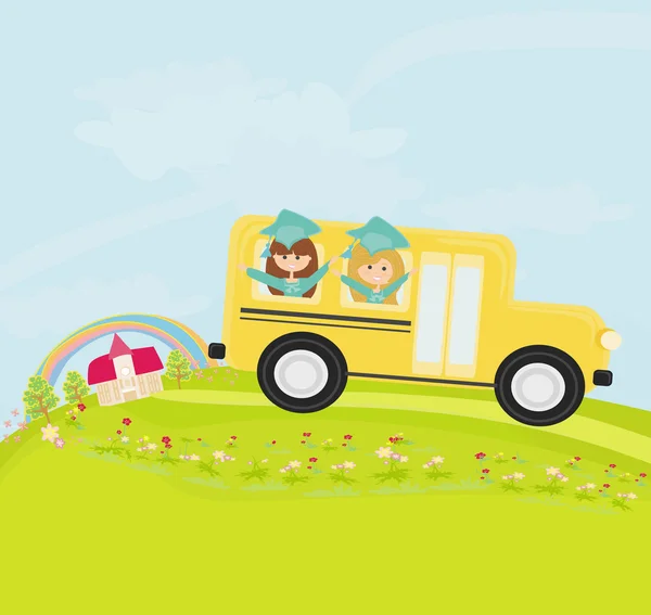 幸せな子供たちと学校へ向かうスクールバスは — ストックベクタ