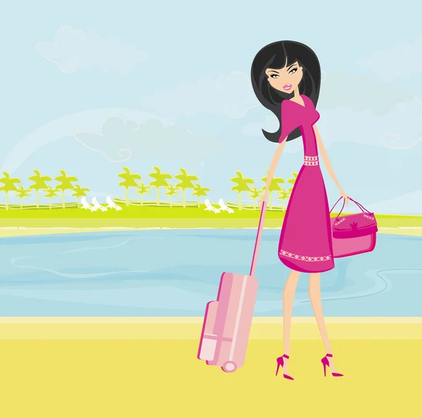 Beauty travel girl with baggage — Stock Vector