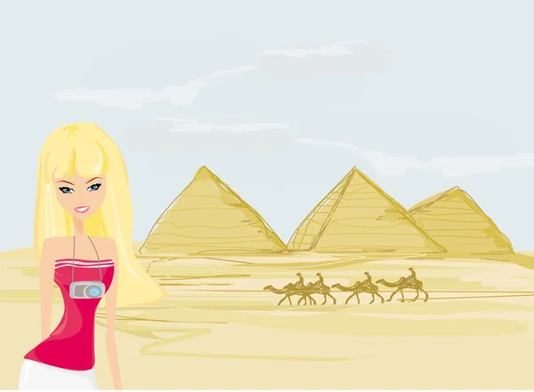 ファラオのために建てられたギザのピラミッドを背景にした女性 — ストックベクタ