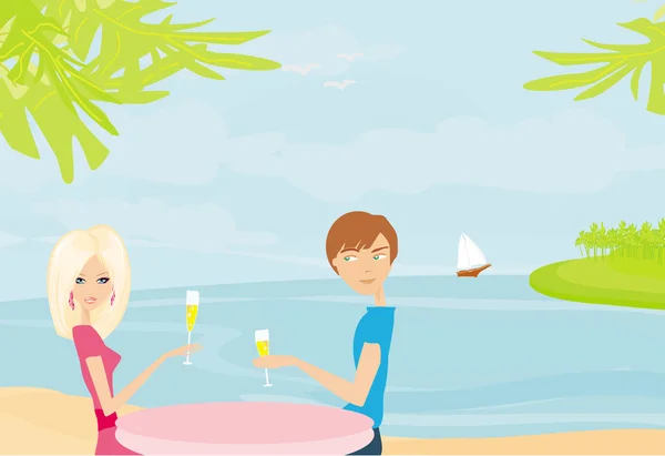 在热带海滩上快乐的年轻夫妇 — 图库矢量图片