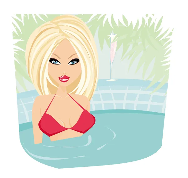 Imagem vetorial de menina e piscina tropical —  Vetores de Stock