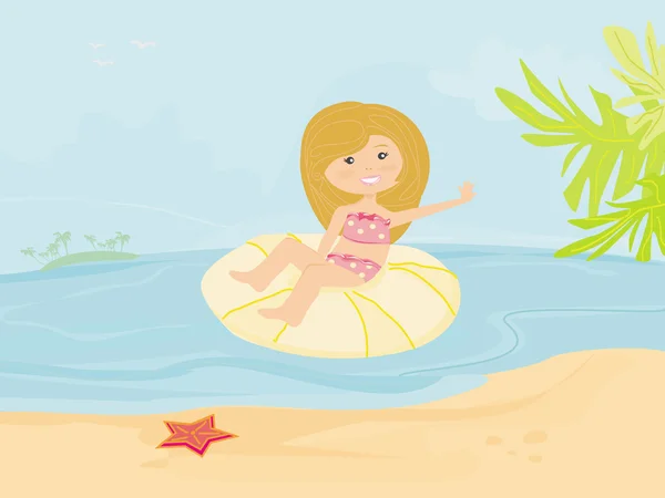 Dolce bambina felice sulla spiaggia — Vettoriale Stock