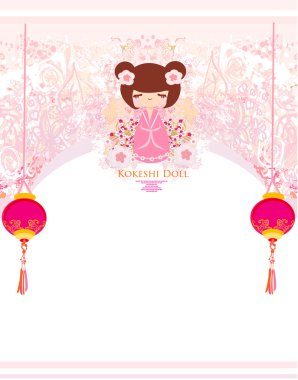 Kokeshi doll on the pink background with floral ornament clipart