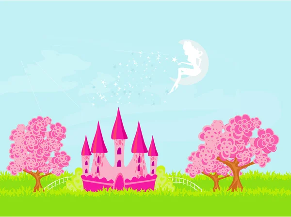 仙女在城堡上空飞翔 — 图库矢量图片