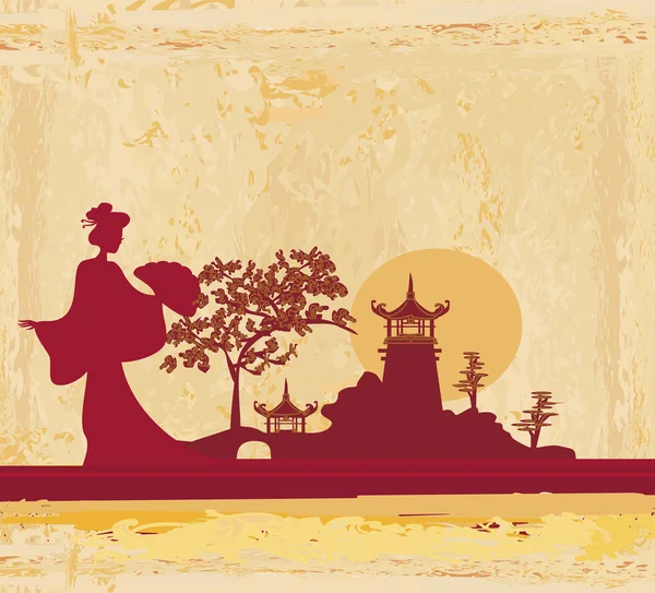 Kertas tua dengan geisha dan pemandangan Asia - Stok Vektor