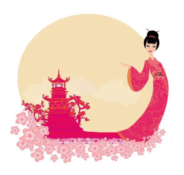 Old paper with geisha and Asian Landscape — Stock Vector