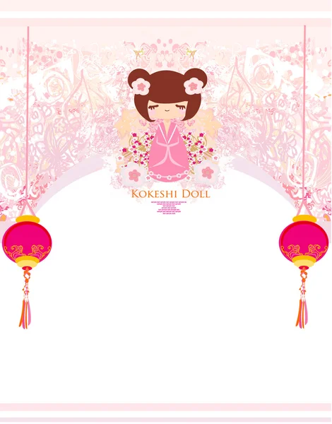 Muñeca Kokeshi sobre fondo rosa con adorno floral — Vector de stock