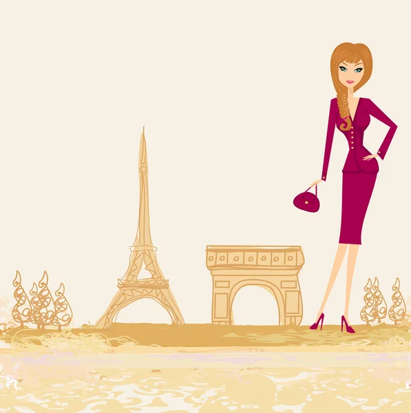 Paris 'te alışveriş yapan güzel kadınlar - vektör kartı — Stok Vektör