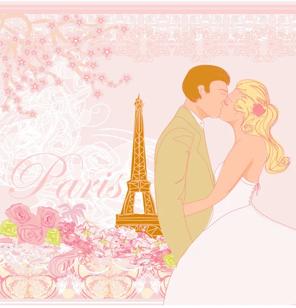 Sposi a Parigi che si baciano vicino alla Torre Eiffel — Vettoriale Stock