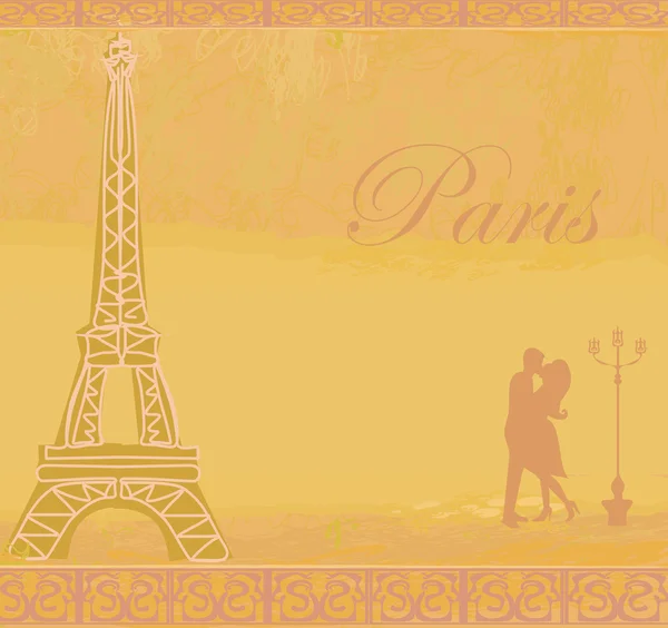 Romantikus pár Párizsban csókolózik az Eiffel-torony közelében Retro kártya — Stock Vector