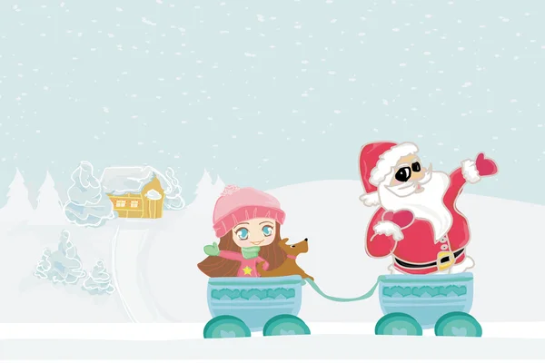 Bonne année carte avec Santa, douce fille et paysage d'hiver — Image vectorielle