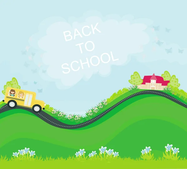 Skolebus på vej til skole med glade børn – Stock-vektor