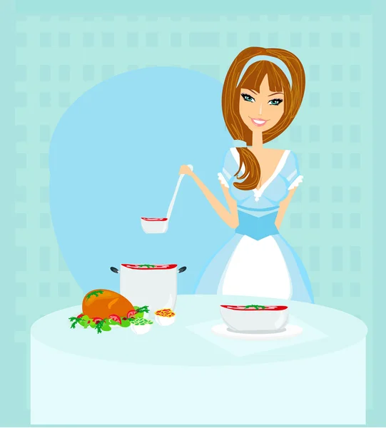 Beautiful lady cooking soup — Stock Vector
