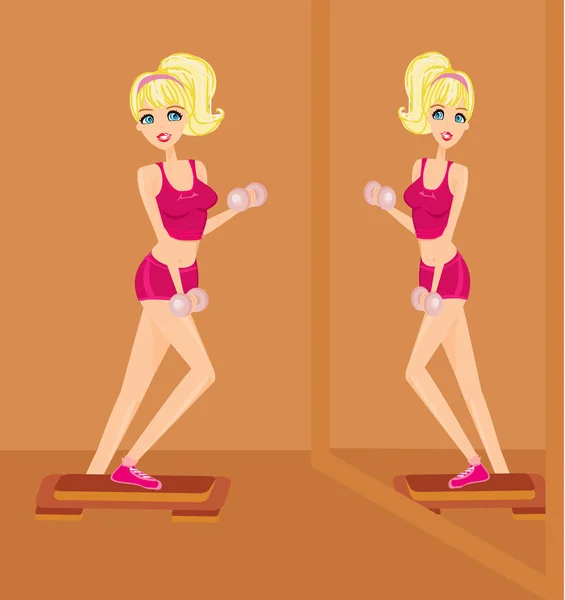 Žena cvičení se dvěma činky závaží na rukou — Stockový vektor