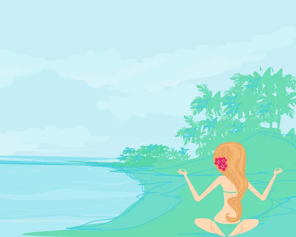 女の子でヨガポーズ上の夏の背景とともにヤシの木 — ストックベクタ