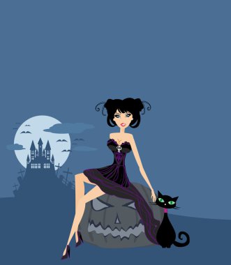 Halloween witch and her cat clipart