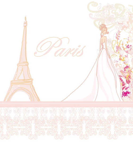 Gyönyörű menyasszony Párizsban kártya — Stock Vector