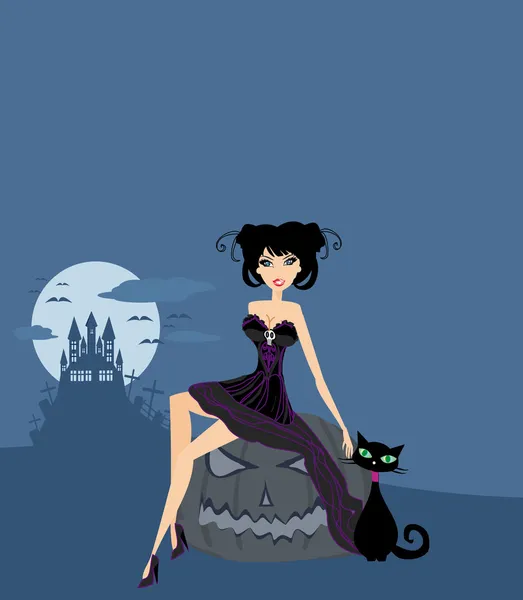 Halloween heks en haar kat — Stockvector