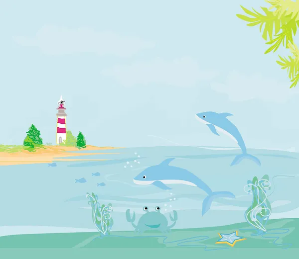 从一个小海滩上看到的灯塔和海豚 — 图库矢量图片