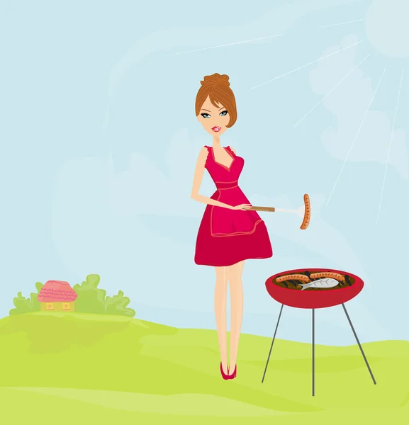 Frau kocht auf einem Grill — Stockvektor