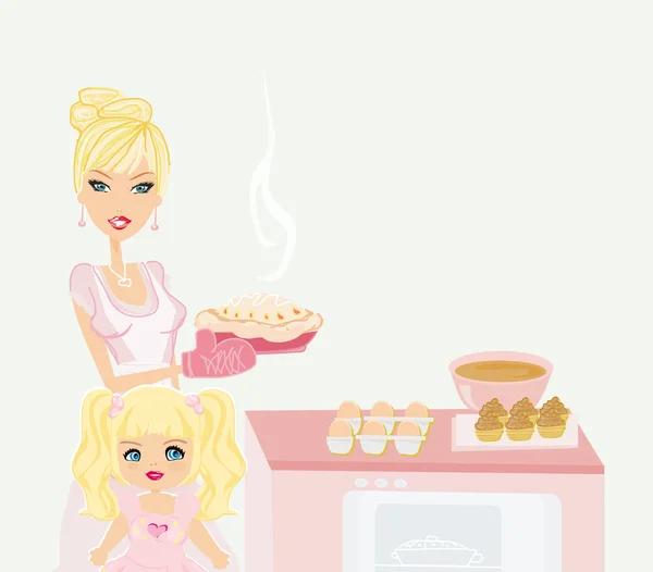 Happy mother helping her daughter cooking in the kitchen — Stock Vector