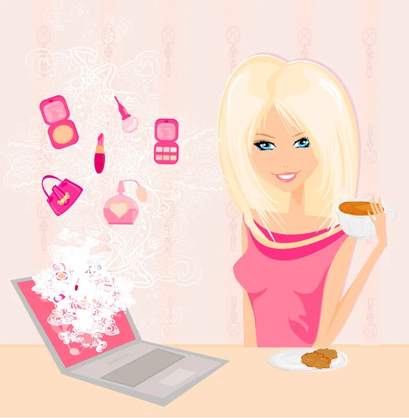 온라인 쇼핑 - 컴퓨터 앞에 앉아 미소짓고 있는 젊은 여성 — 스톡 벡터