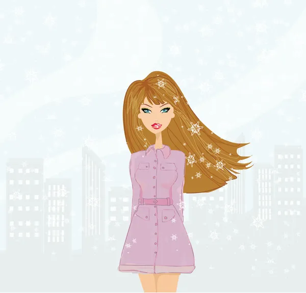 Şehirde güzel bir kış kızı — Stok Vektör