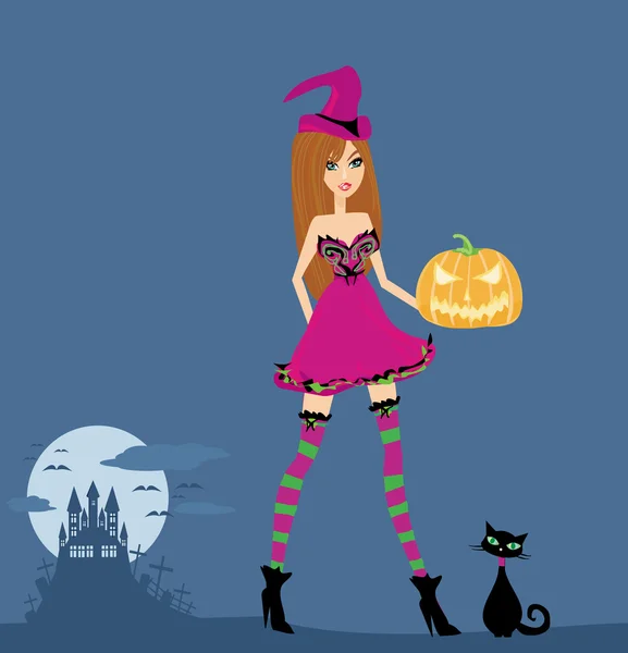 Halloween czarownica stojąc z dyni — Wektor stockowy