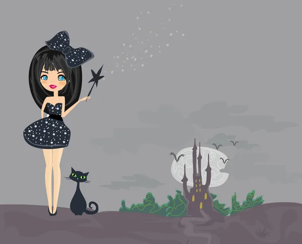 Słodki halloween czarownica i jej kot — Wektor stockowy
