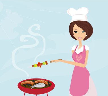 Woman cooking on a grill clipart