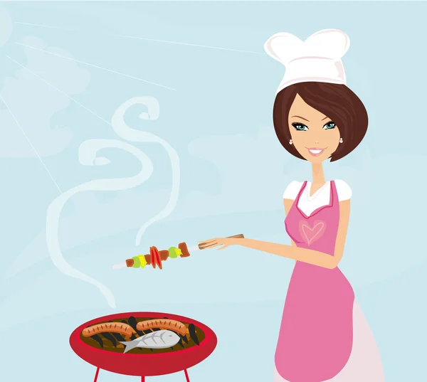 Žena vaří na grilu — Stockový vektor