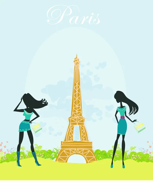Paris 'te alışveriş yapan güzel kızlar. — Stok Vektör