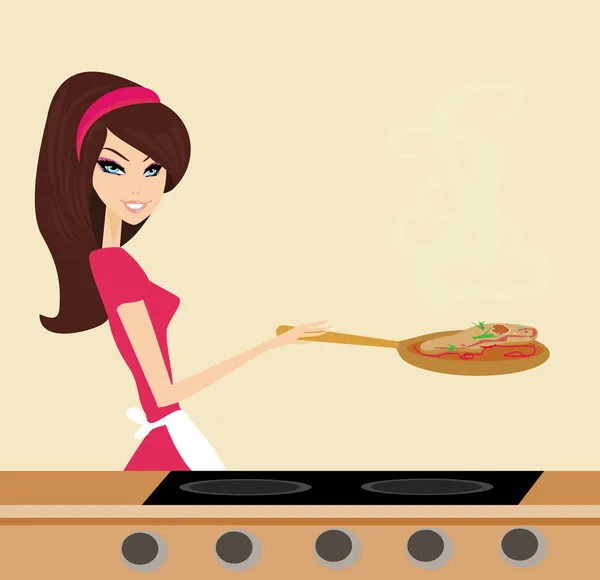 Beautiful housewife cooking — Stock Vector