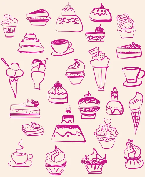 Süßes Dessert Kaffee Doodle Hintergrund — Stockvektor