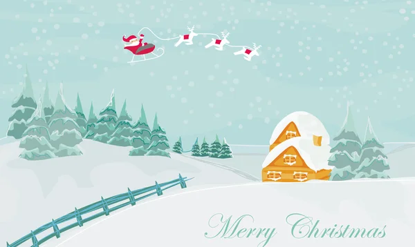 Noel Baba ve kış manzaralı mutlu yıllar kartı. — Stok Vektör